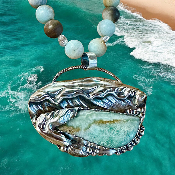 Aragonite Crashing Wave sterling silver pendant and Amazonite necklace set.  $150