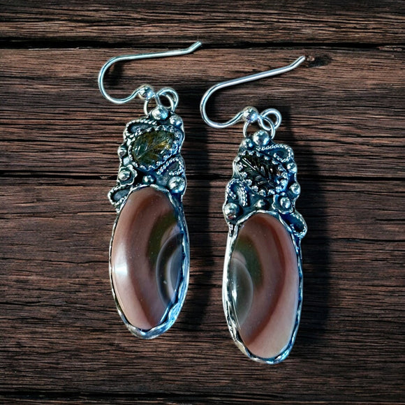 Imperial Jasper and Carved tourmaline Leaf sterling silver earrings.   $55