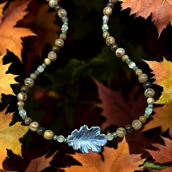 Picture Jasper Gemstone Sterling Leaf Necklace.   $60