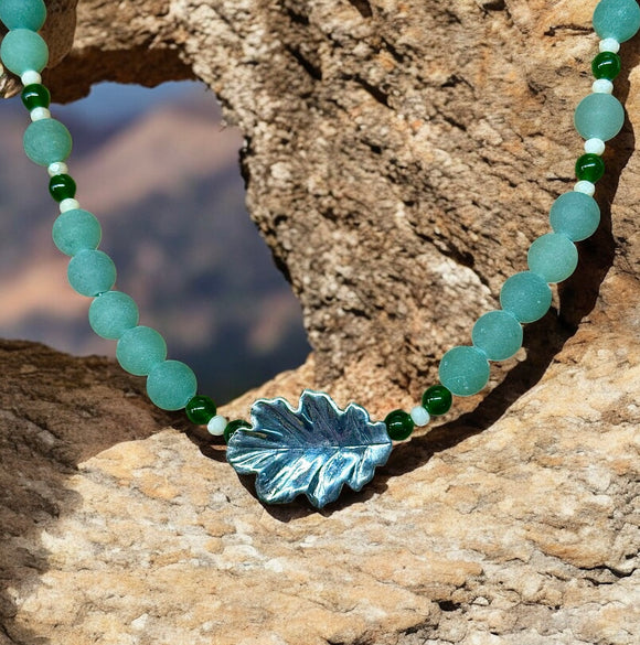 Aventurine and Jade Sterling Silver Leaf Necklace       $60