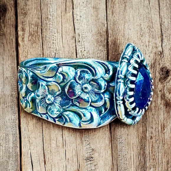 Sapphire and Floral Band Sterling Silver Ring SIZED TO ORDER.    $75