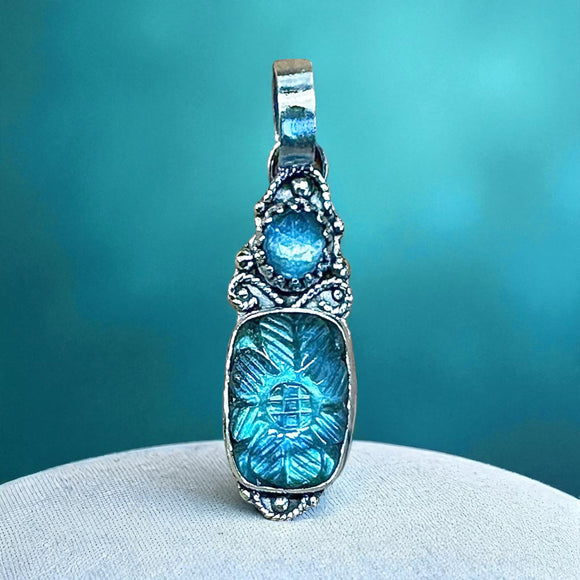 Carved Labradorite and Kyanite Sterling Silver Pendant.    $65