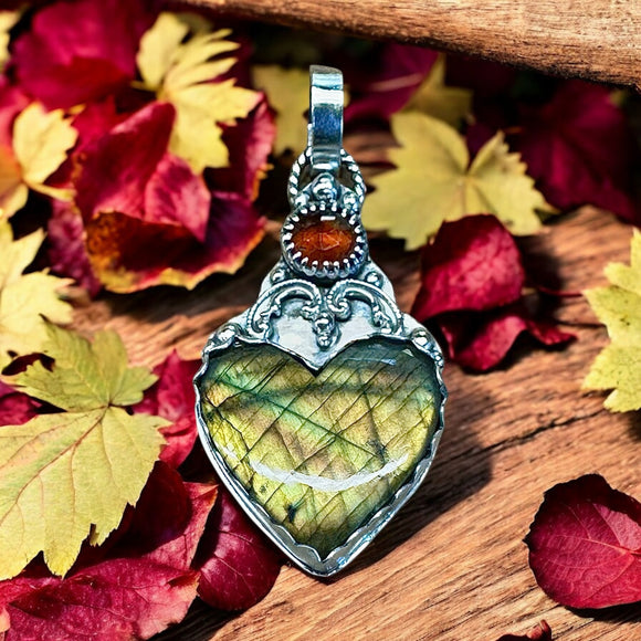Labradorite Heart and Garnet  Sterling Silver Pendant.   $75