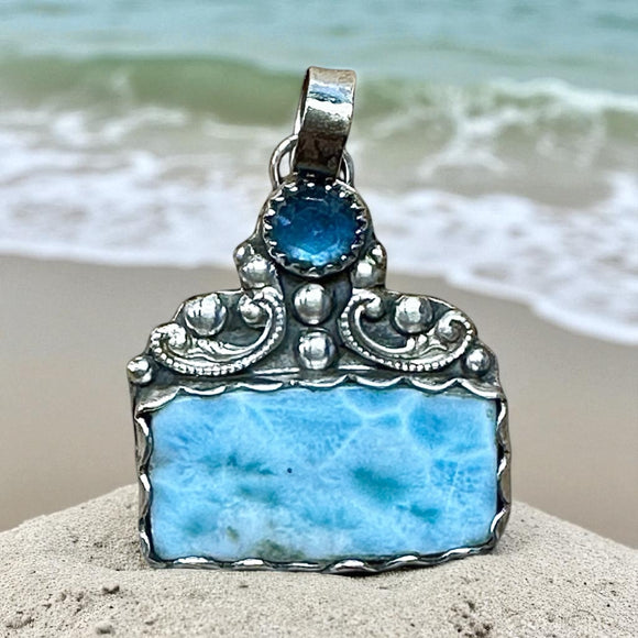 Larimar and Pariba Kyanite Sterling Silver Pendant.    $75