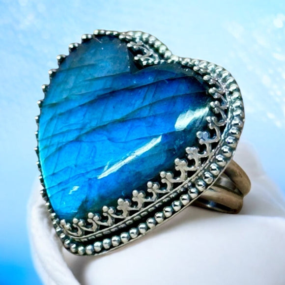 Labradorite Heart Sterling Silver Statement Ring SIZED TO ORDER.   $75