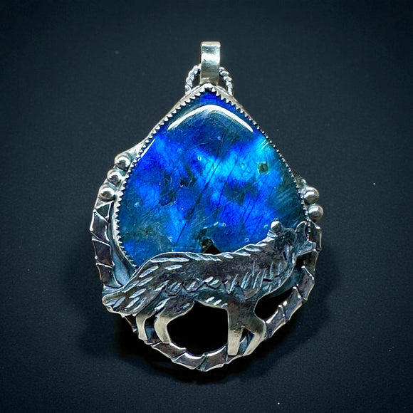Labradorite Wolf Sterling silver pendant     $90