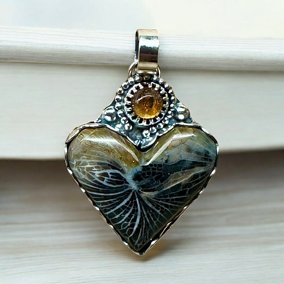 Star Coral Heart and Citrine sterling silver pedant.   $75