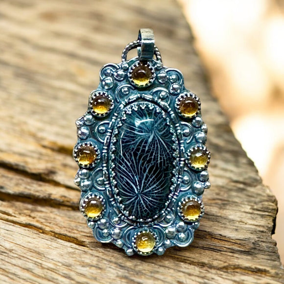 Black Star Coral and Citrine sterling silver pendant.   $90