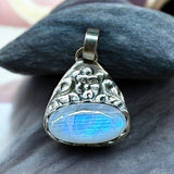 Rainbow Moonstone Sterling Silver Floral Pendant      $70