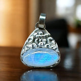 Rainbow Moonstone Sterling Silver Floral Pendant      $70