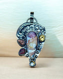 Crazy Lace Agate , Citrine and Tourmaline sterling silver pendant.      $75