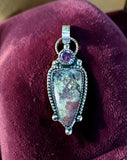 Moss Agate and Pink Zircon Sterling Silver Pendant     $75