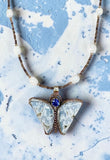 Petrified Wood Butterfly and Sapphire SterlingSilver Pendant and matching gemstone necklace set    $90