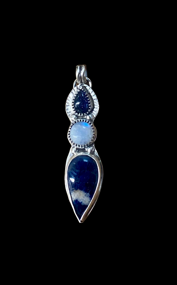 Sodalite, rainbow Moonstone and blue goldstone sterling silver pendant.     $50