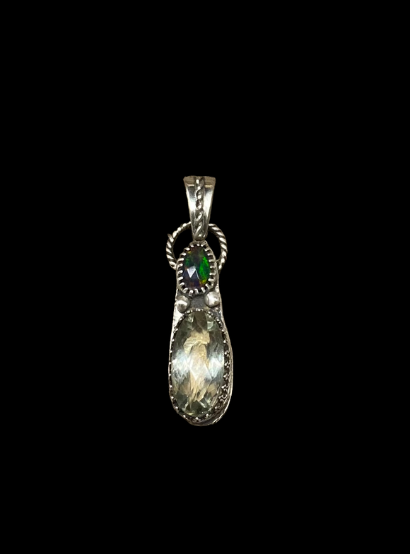 Praiseolite (green amethyst) and Opal sterling silver pendant.     $55