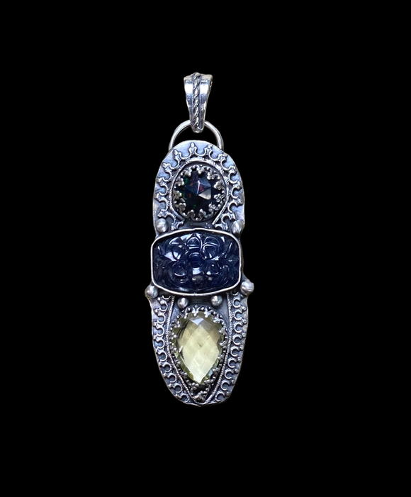 Carved Sapphire , Lemon Quartz and Ethiopian Opal sterling silver pendant. $70
