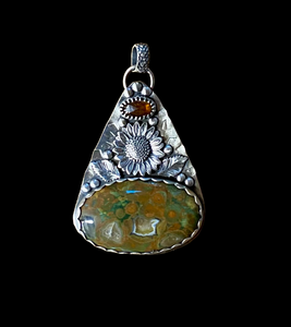 Rainforest Rhyolite and Kyanite Sunflower 🌻 sterling silver pendant.    $70