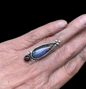 Labradorite and Garnet sterling silver ring SIZED TO ORDER.   $50