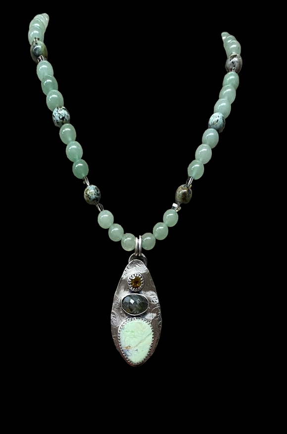 Lemon Chrysoprase, Labradorite and Citrine sterling silver pendant and 20”matching gemstone necklaces set.    $80