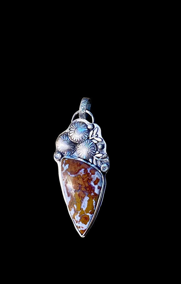 Moroccan Agate and Sunflowers 🌻 sterling silver pendant.    $65
