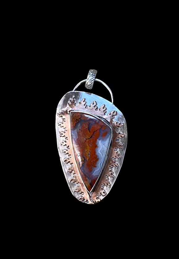 Red Moss Agate sterling and copper flame pendant.     $65
