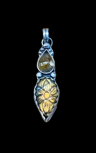 Carved Golden Labradorite and Gold Rutilated Quartz small sterling silver pendant.   $50