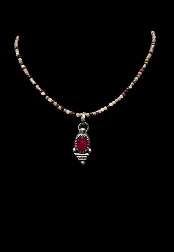 Ruby sterling silver pendant and Tourmaline beaded necklace set.    $70