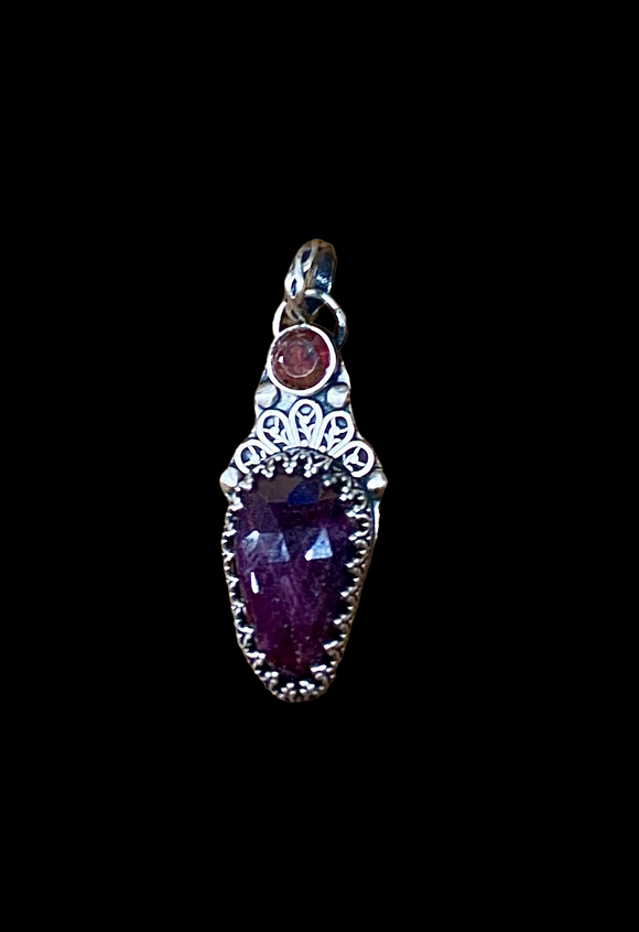 Cranberry Sapphire and Tourmaline sterling silver pendant.       $65