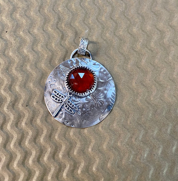 Hessonite Garnet sterling silver dragonfly pendant.  $55