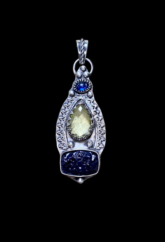 Carved Blue Sapphire , Lemon Quartz sterling silver pendant.    $70