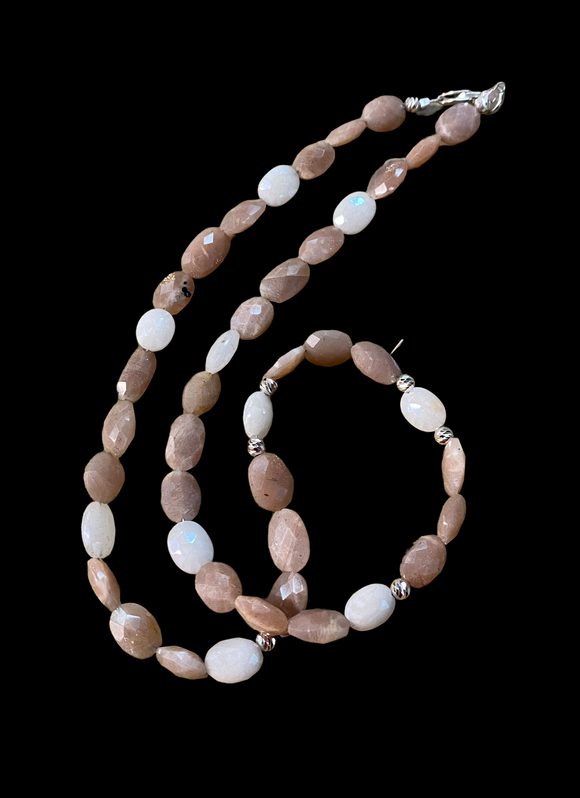 Peach and white faceted Moonstone 18” necklace     $50