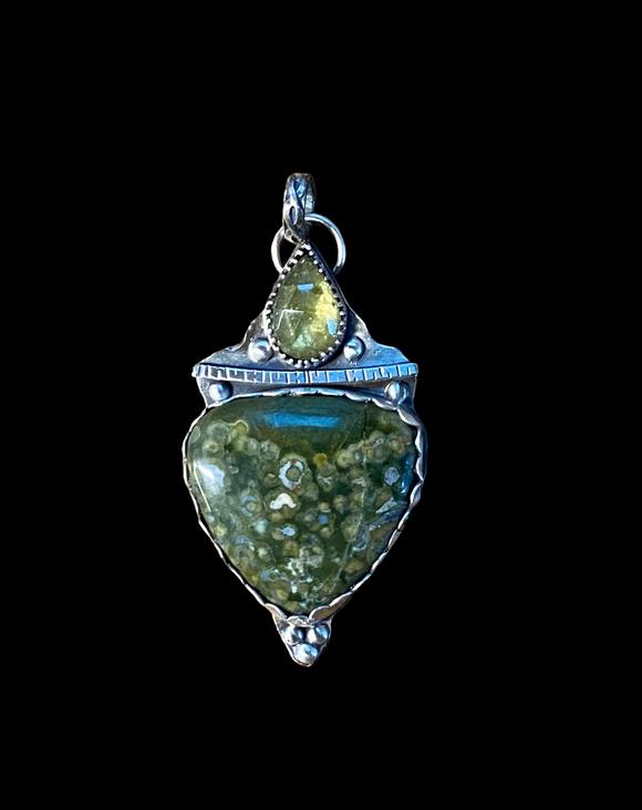 Rainforest Rhyolite and Grossular Garnet sterling silver pendant.     $70