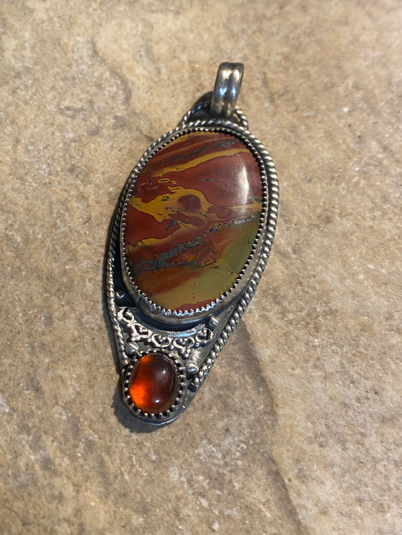 Red and Green blanket Rhyolite and Garnet sterling silver pendant.   $70